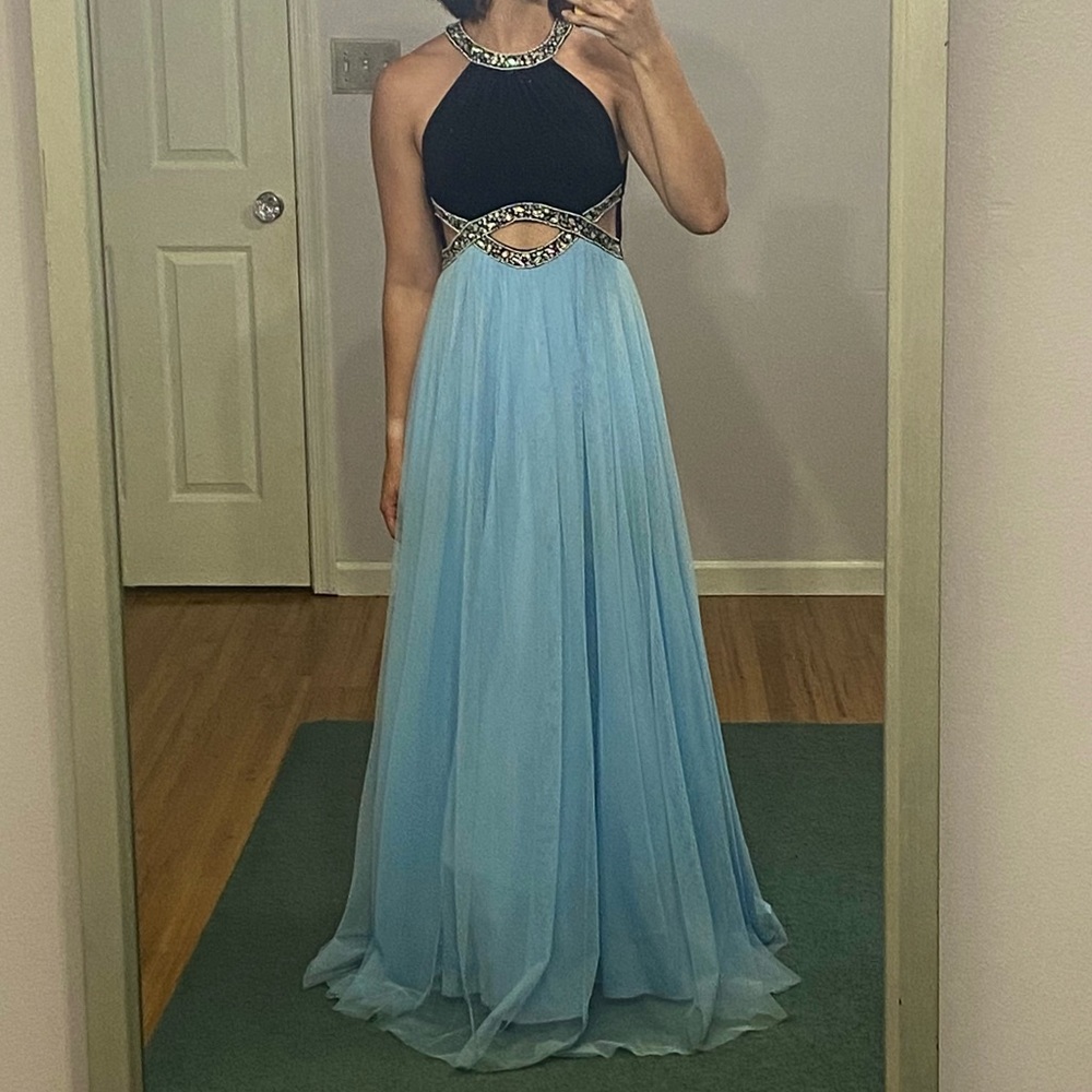 Black and light blue empire prom dress